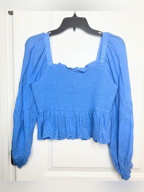 American Eagle Blue Eyelet Smocked Peplum Blouse L Boho Cottagecore Top